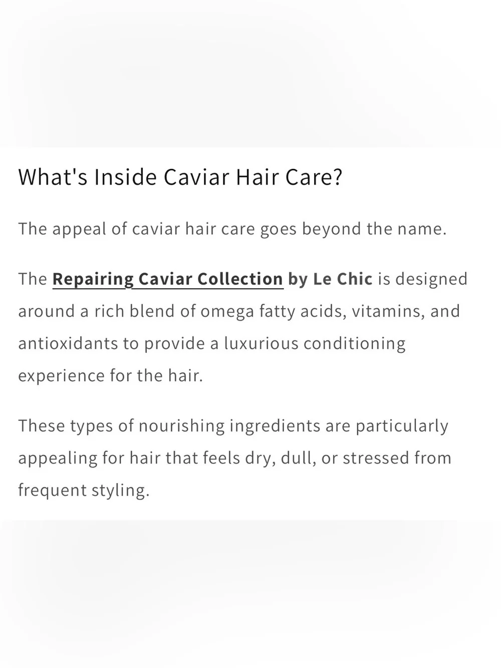 LE’ CHIC Repairing Caviar Hair Serum infused with caviar extract, keratin